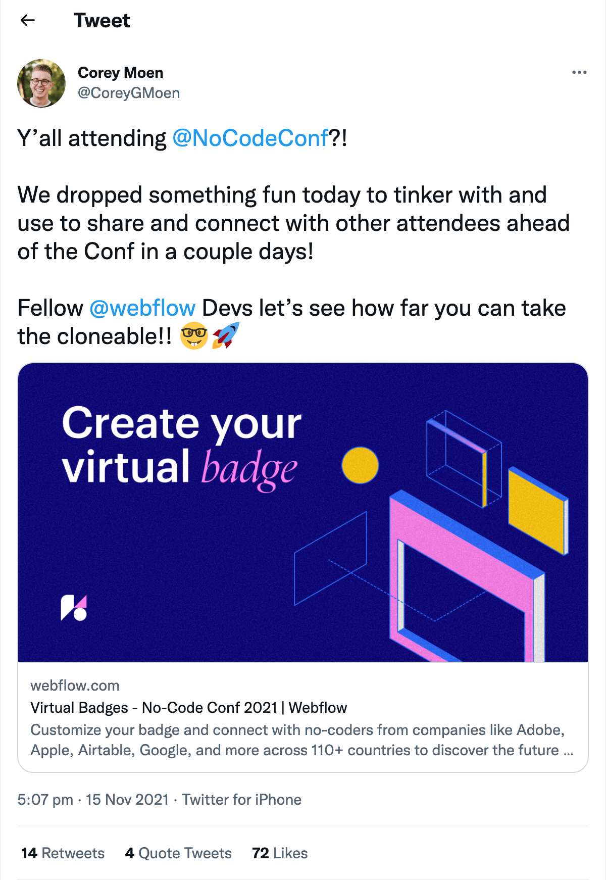 Cory Moen tweet about virtual badges