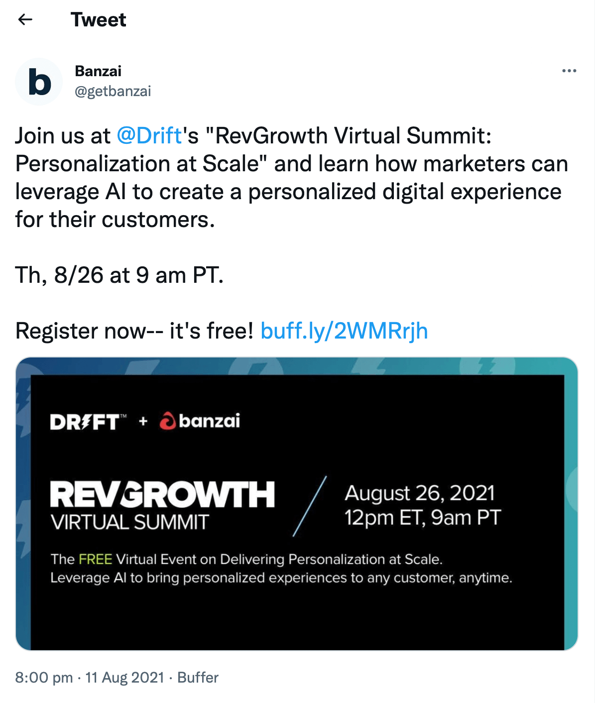 Banzai's RevGrowth Virtual Summit tweet