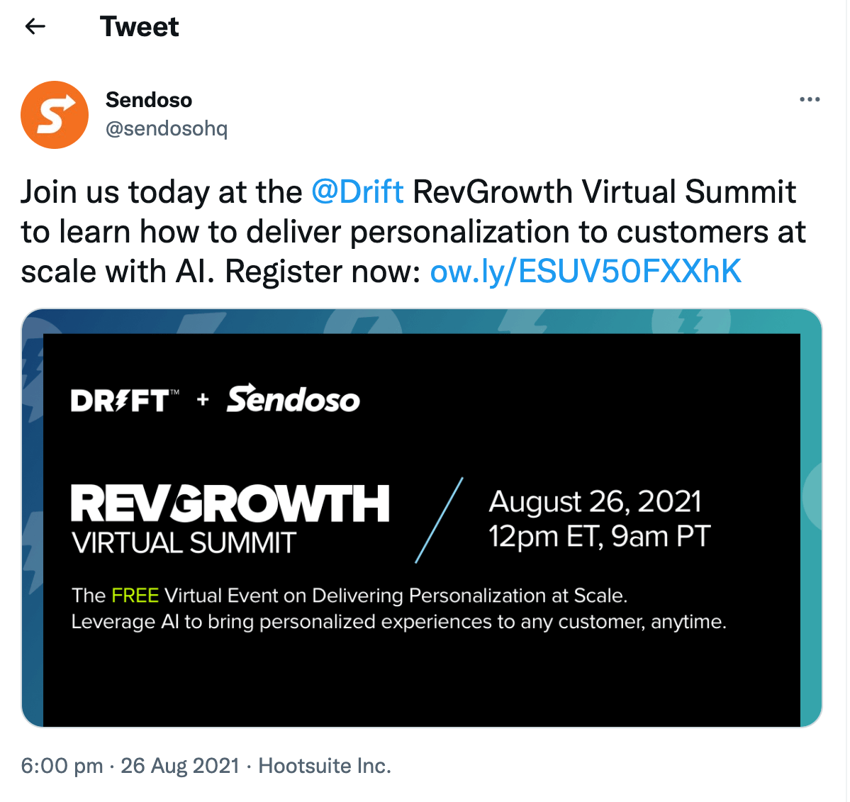 Sendoso's RevGrowth Virtual Summit partner tweet
