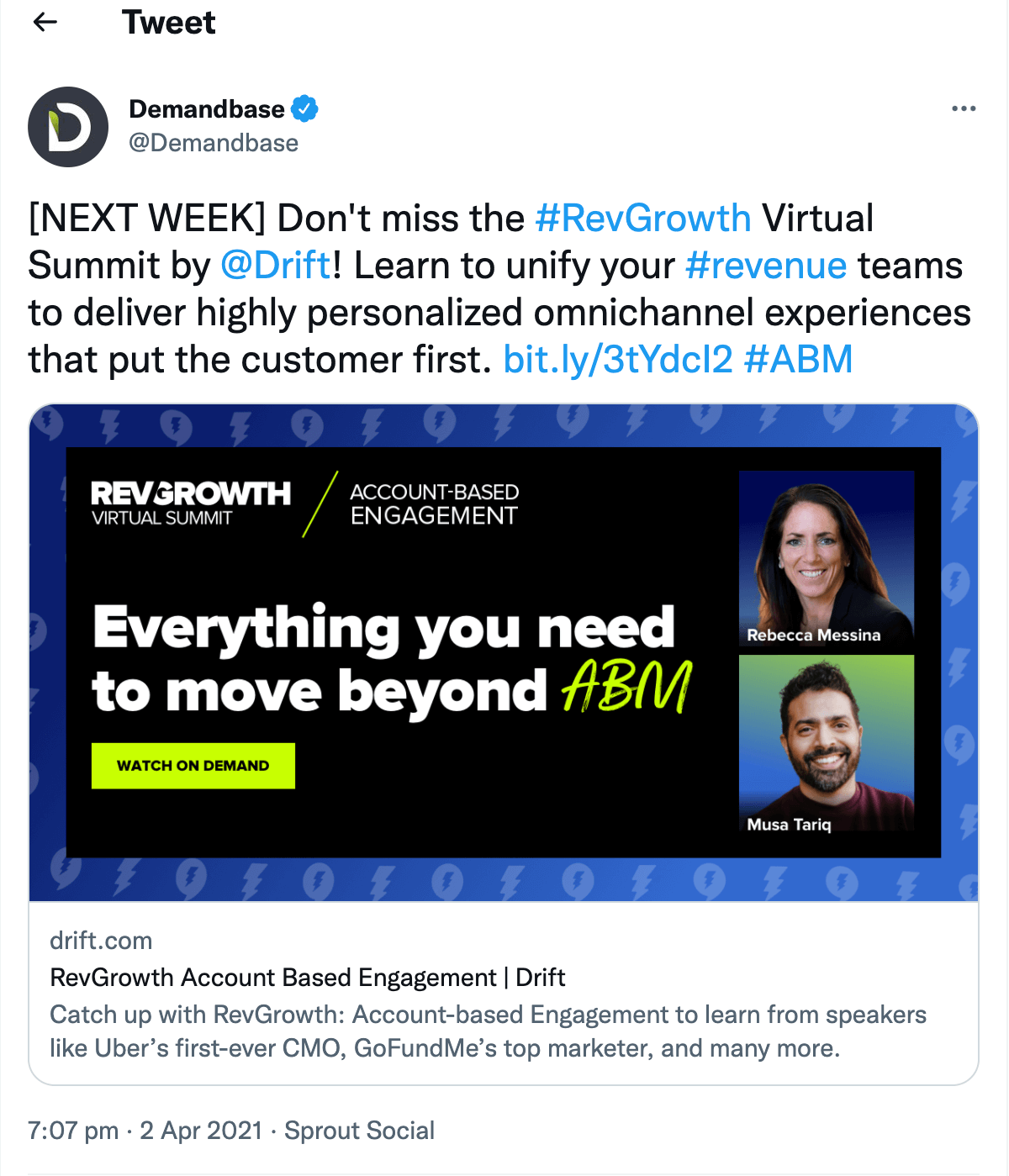 Demandbase's promotional tweet for RevGrowth Virtual Summit
