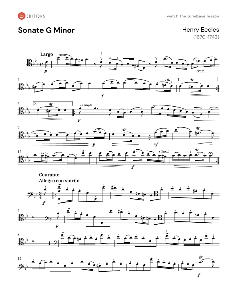 Henry Eccles Sonata in G minor (Version for Cello) Free Cello Sheet