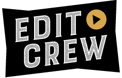 A bold typographic logo featuring the words 'EDIT CREW' in a heavy, condensed sans-serif, set inside a solid black rectangular badge with clean, sharp edges.