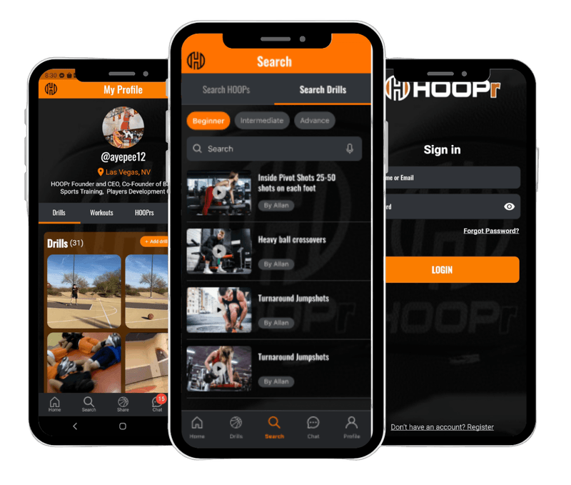 "Mobile app interface displaying personalized basketball training drills, user profiles, and search features, highlighting the use of AI in basketball for skill development, customized workouts, and player performance tracking."  