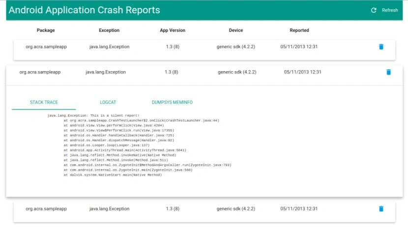 ACRA dashboard showing crashes- along with other related details.