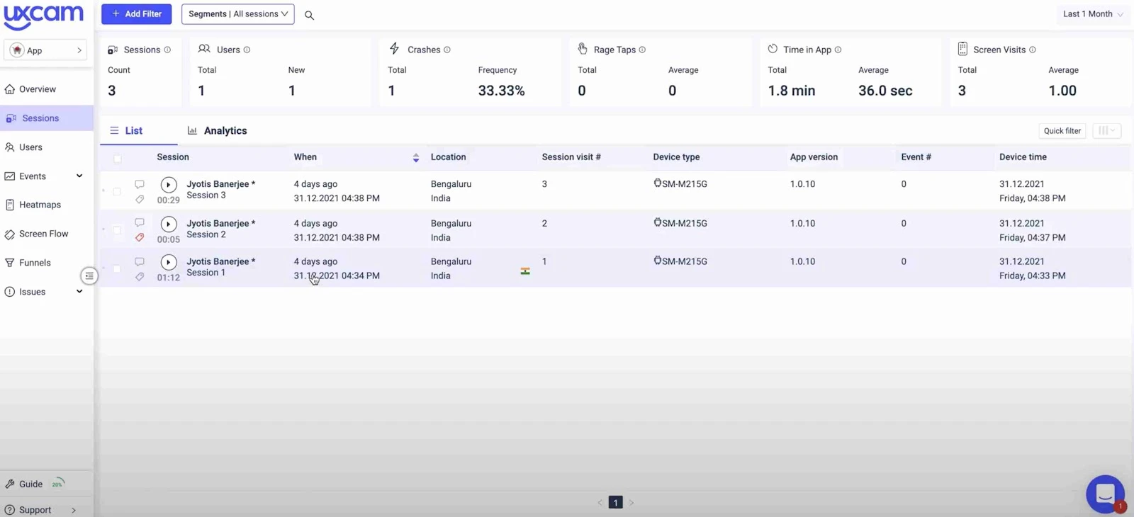 View page of UXCam that provides a concise display of user sessions.