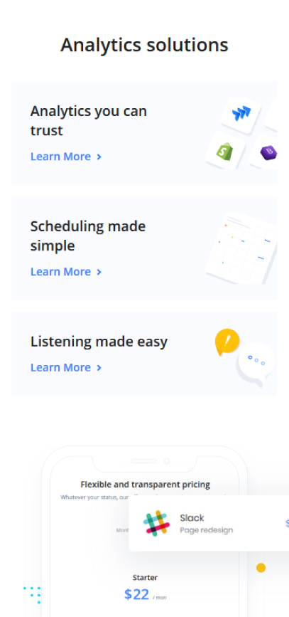 Image of analytic solutions offering including scheduling and analytics, displayed on a phone