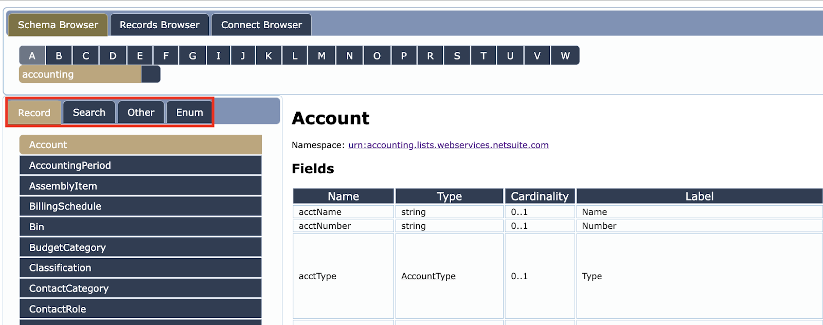 Namespace objects in a NetSuite Schema Browser page