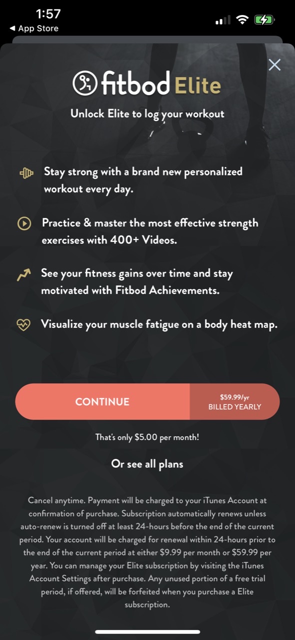 Fitbod Workout & Fitness Plans — Paywall Screenshot (900K/mo)