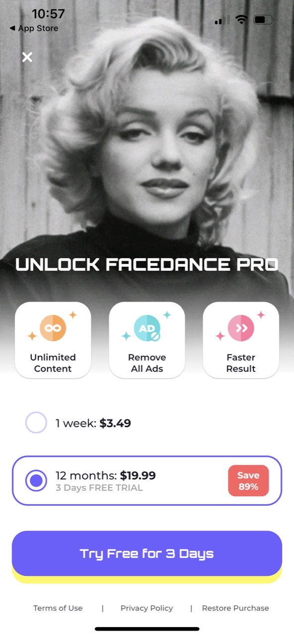 Face Dance Photo Animator App — Paywall Screenshot (700K/mo)
