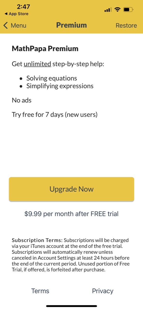 MathPapa Algebra Calculator — Paywall Screenshot (20K/mo)