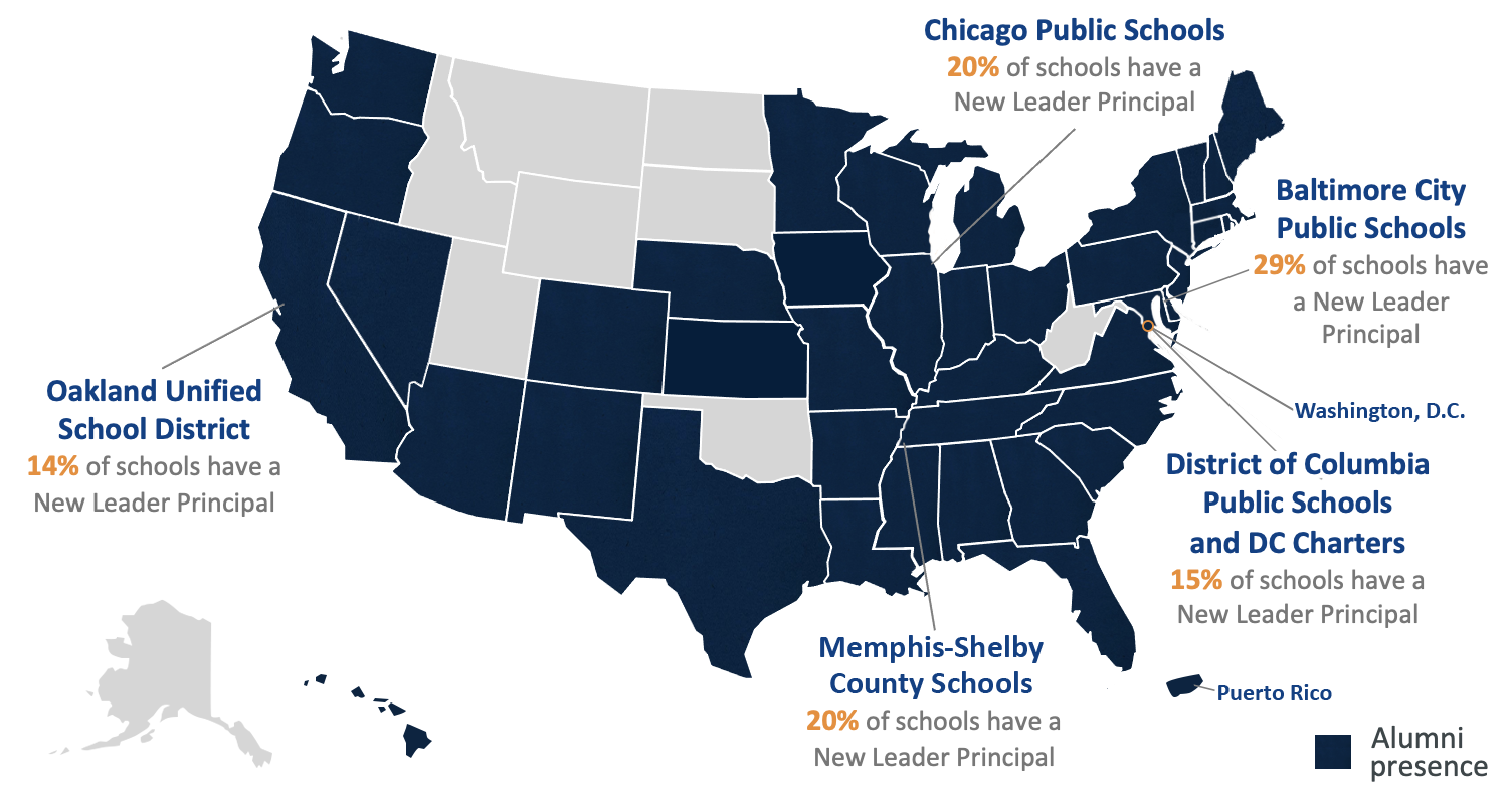 Map of the united states highlighted in areas where New Leaders is at work