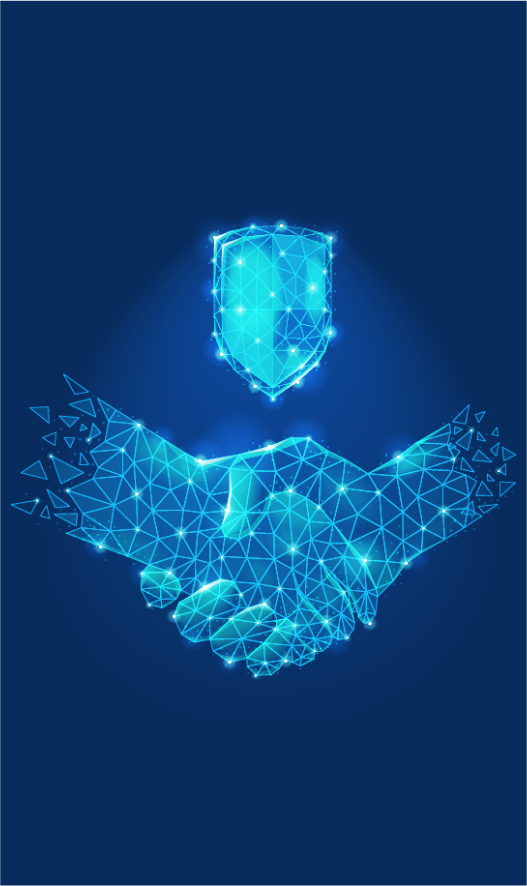 Picture of two polygon-style hands shaking hands under a shield.