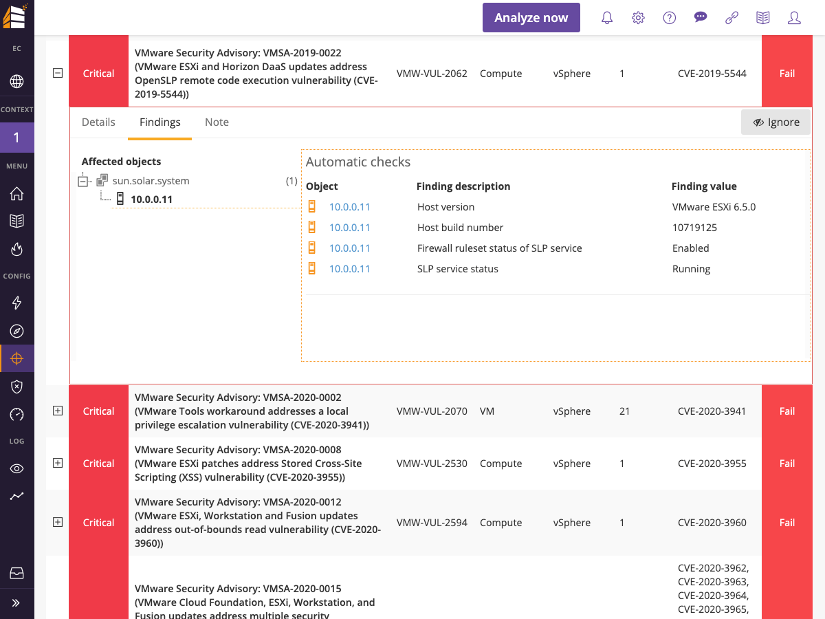 Runecast Analyzer vulnerability management dashboard screenshot