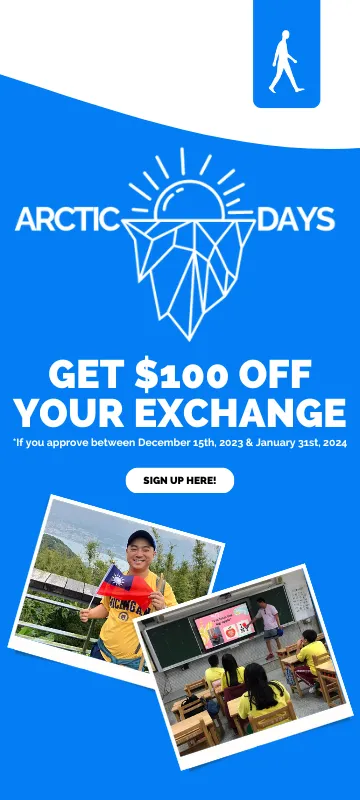 AIESEC US winter promotional material: Winter Days, Get 100 dollars off your exchange.