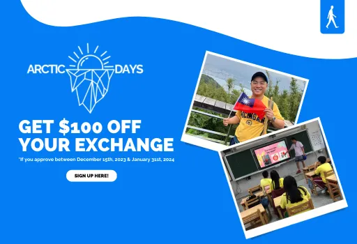 AIESEC US winter promotional material: Winter Days, Get 100 dollars off your exchange.