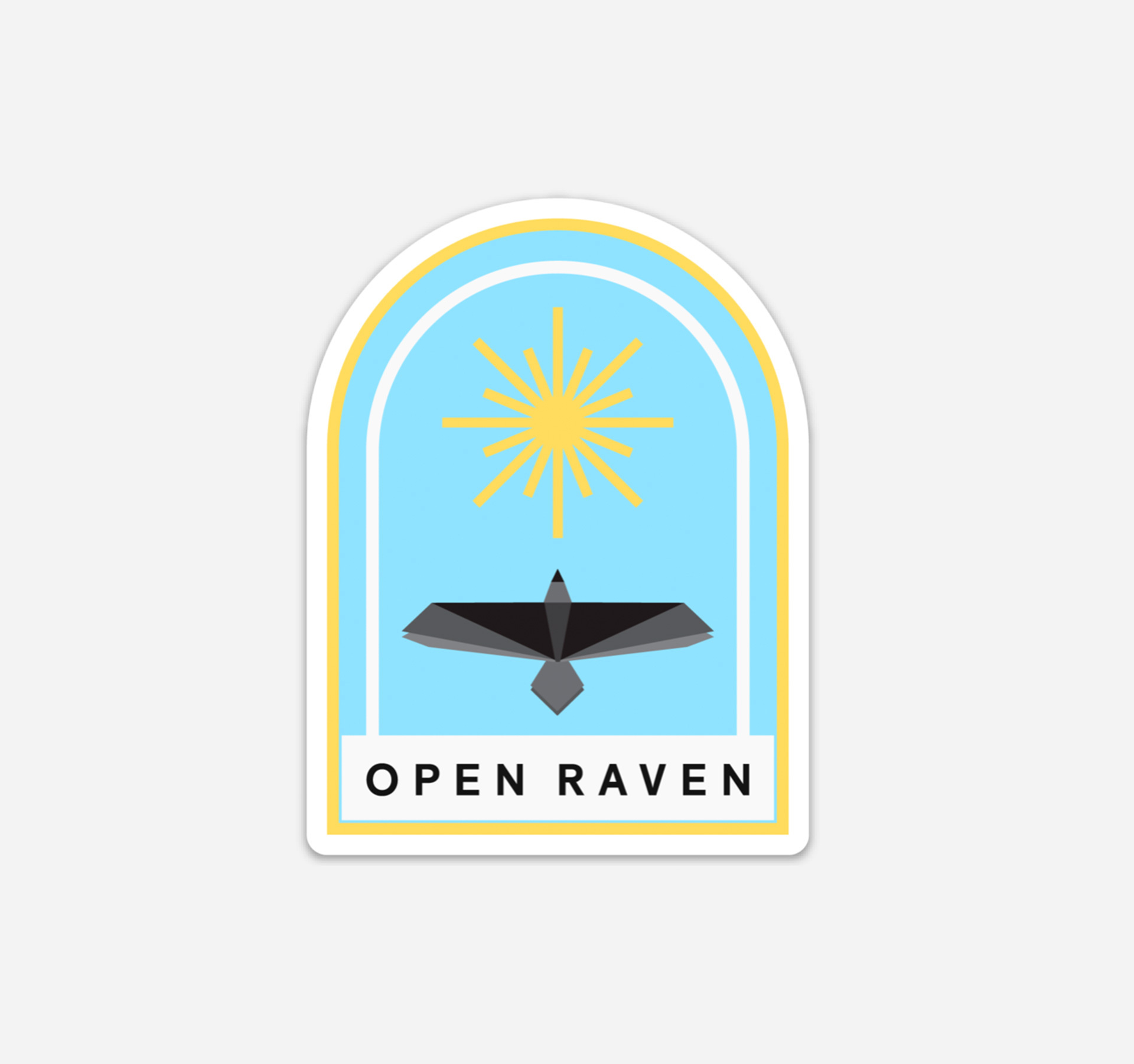 Open Raven sticker with a blue background and a raven flying towards the sun