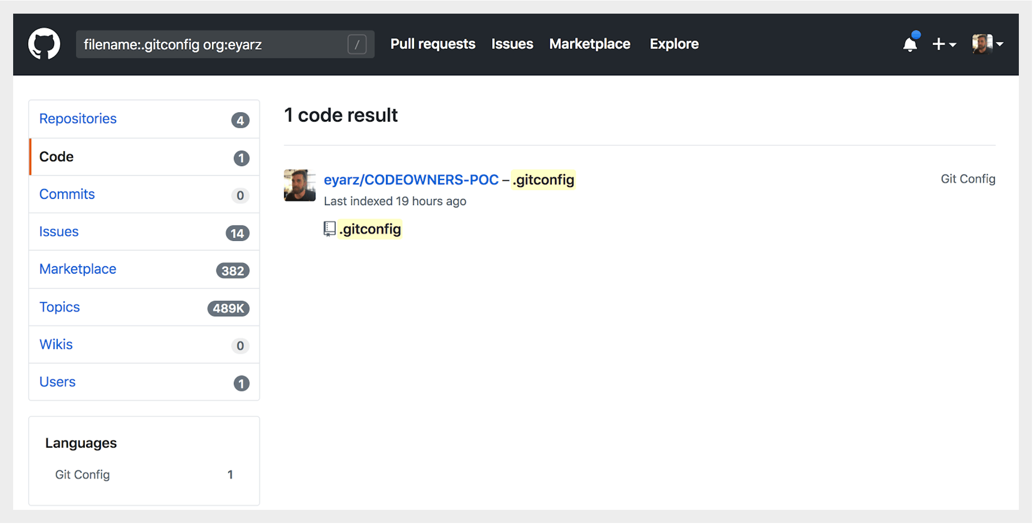 Search for git config files in GitHub