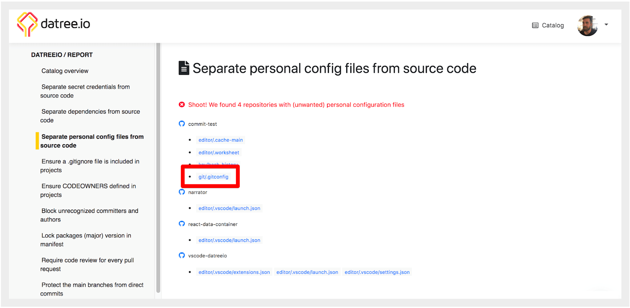 Prevent personal git config files in source control