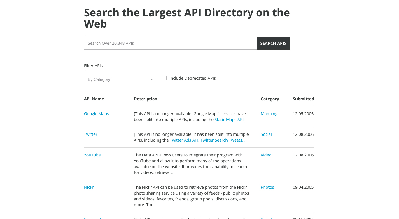 Screenshot of the largest API directory on the web