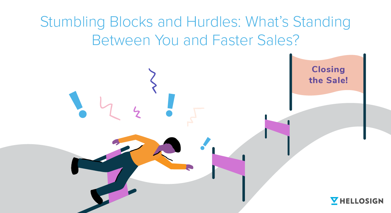 Drawing of a person stumbling over a relay hurdle, with "Closing the Sale" on the finish line bannera