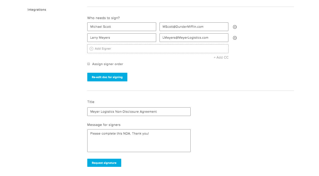 HelloSign send document for signature screenshot