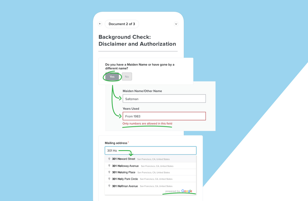 HelloWorks field validation and address autocomplete sreenshot