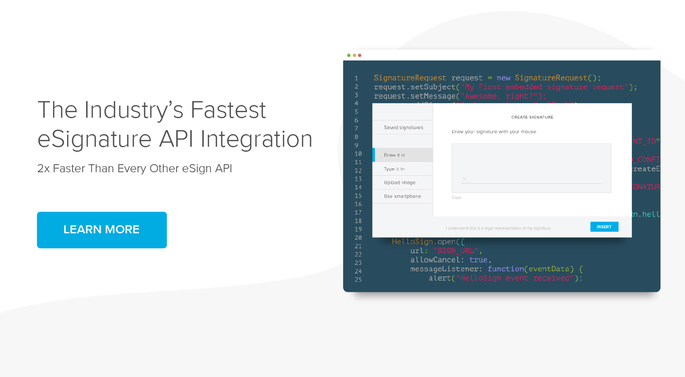 Learn more about HelloSign API with a screenshot of HelloSign API code overlayed with a user signature modal