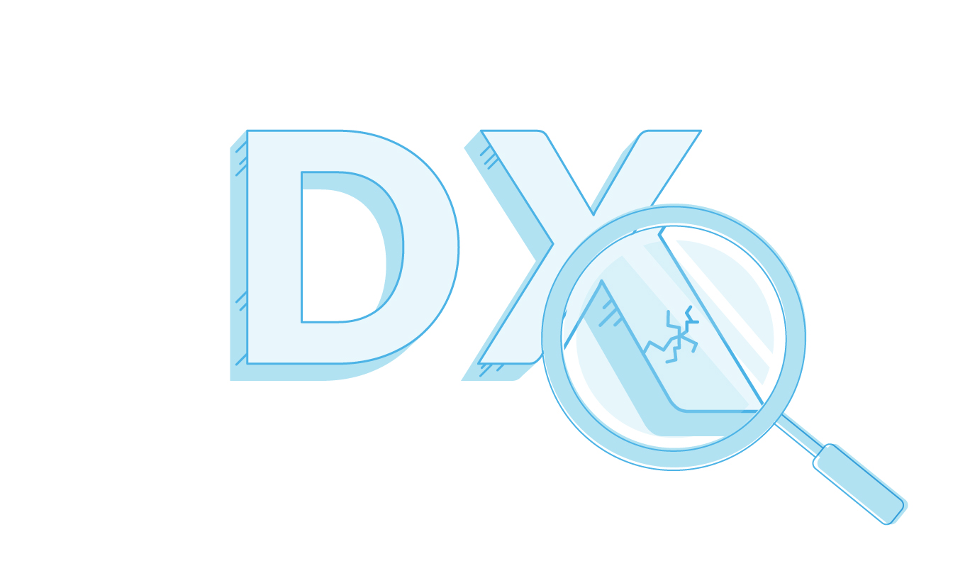 DX text with magnifying glass over X illustration