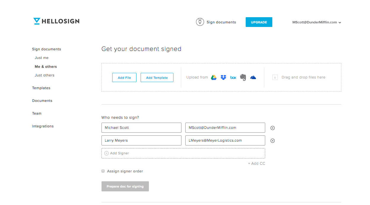 HelloSign preparing a document screenshot