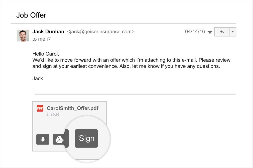 HelloSign using the Gmail integration screenshot