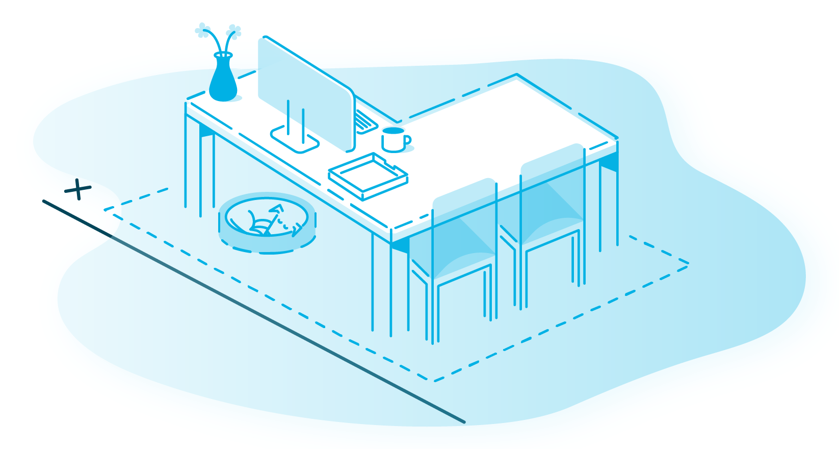 A desk with two chairs in front of a blue blog illustration