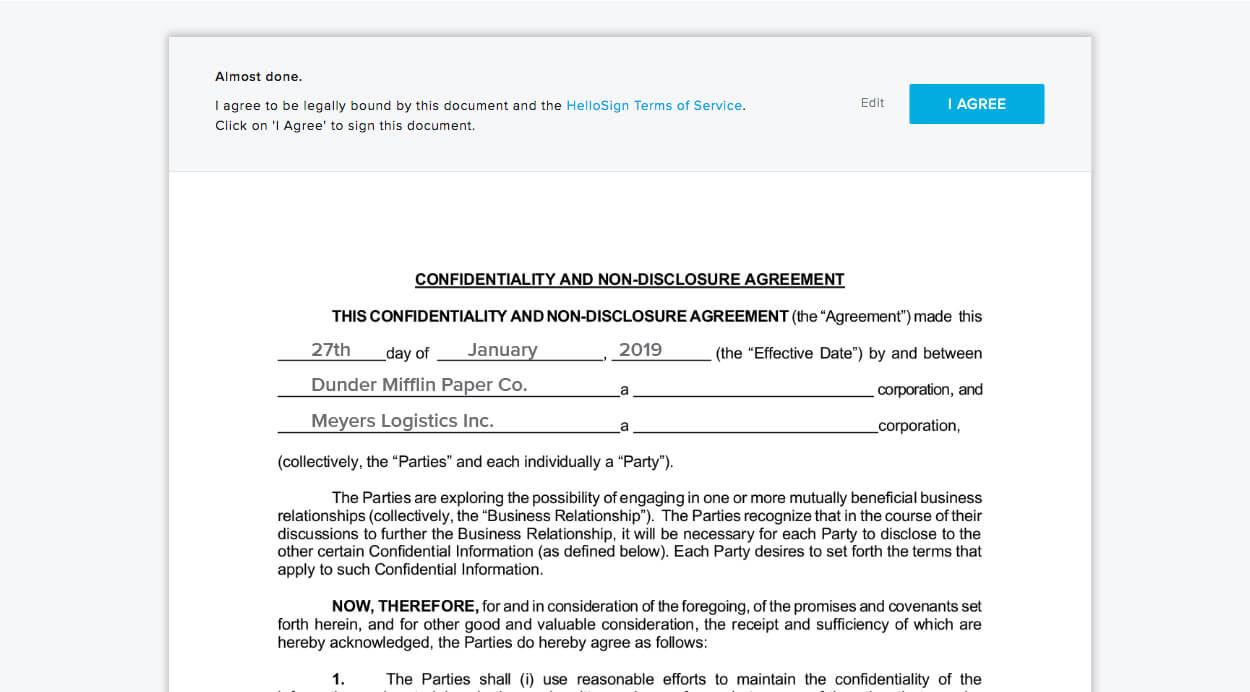 HelloSign agreeing to terms of service before submitting screenshot