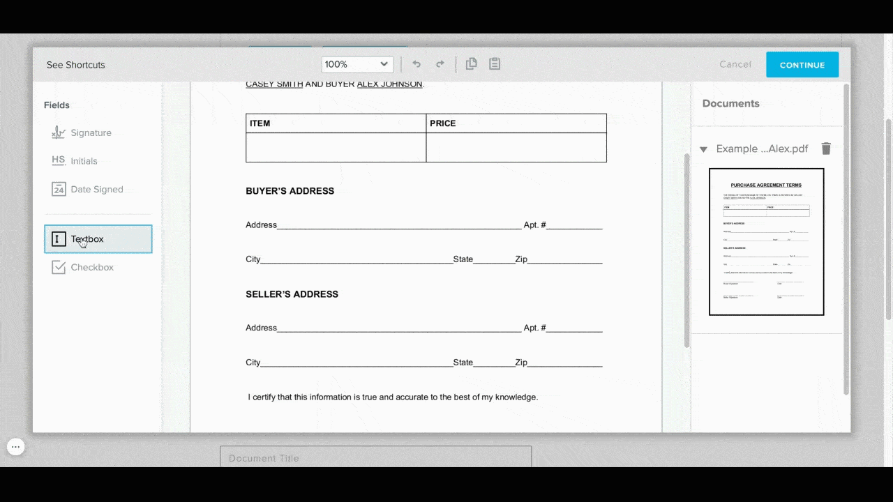 A gif showing the signature request creation flow in the new editor