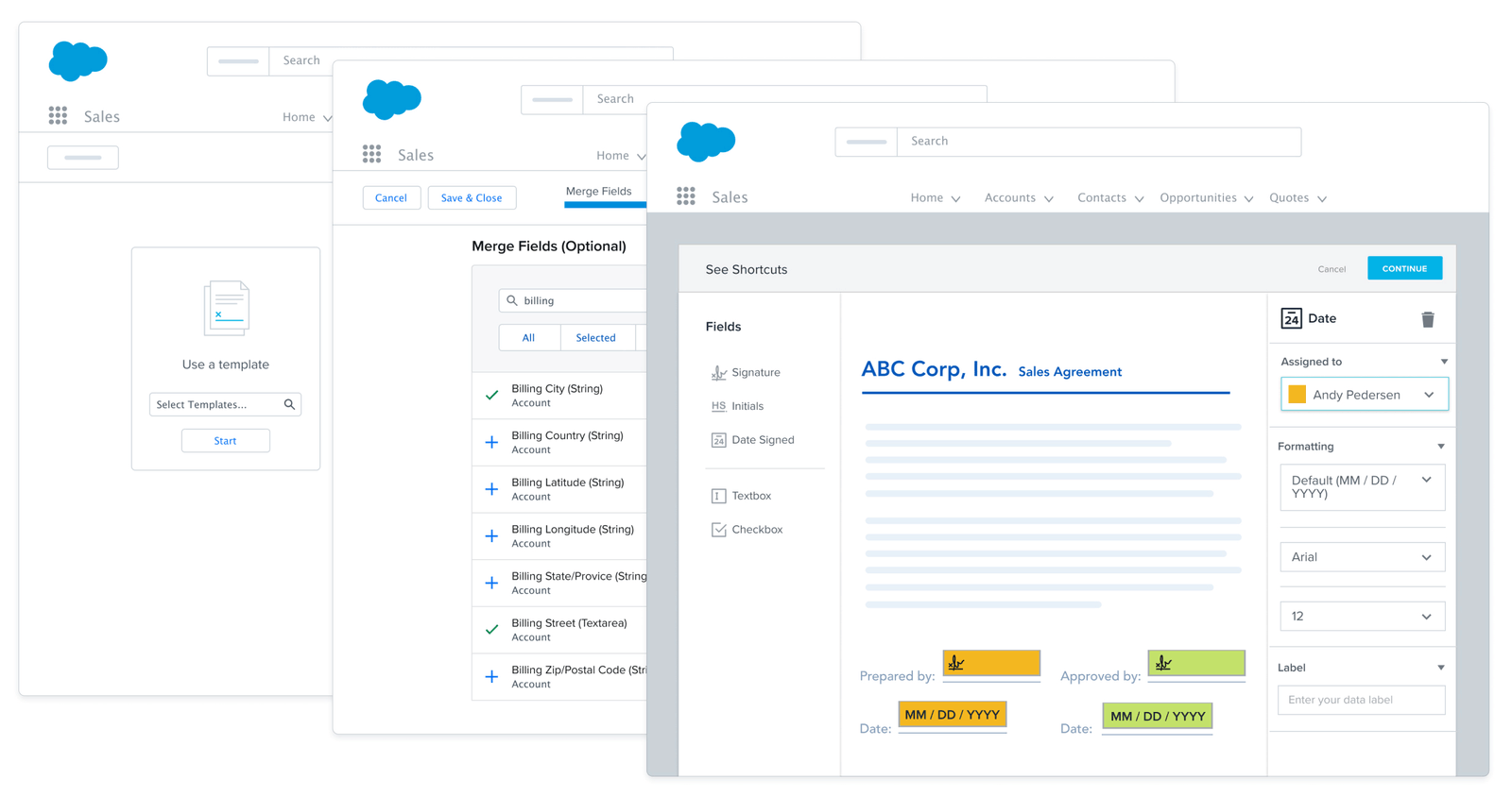 Three screens demonstrating the HelloSign for Salesforce app