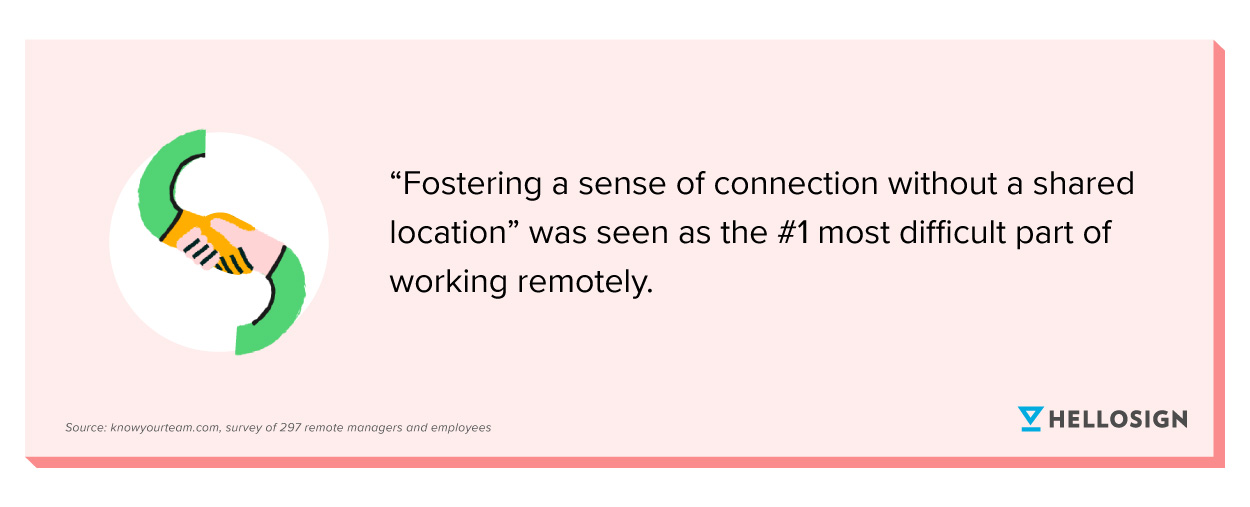 An illustration of shaking hands with a quote about what is seen as the most difficult part of working remotely