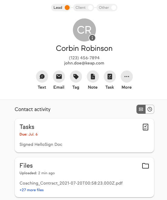 Image of a Keap contact record, showing a signed HelloSign agreement as a file attachment