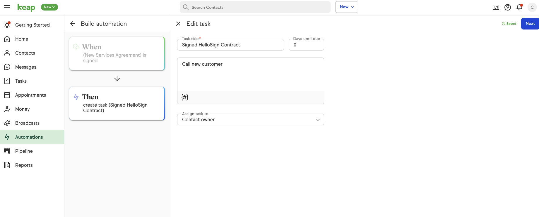 An image of the "automations" section of the Keap dashboard, showing the process of creating an automation once a document is signed in HelloSign.