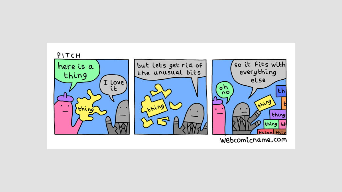 Comic strip of person pitching an idea to a manager
