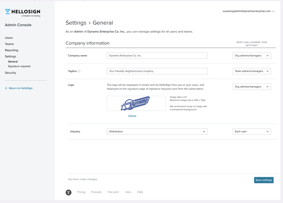 A screenshot of the company information setting in the HelloSign admin console