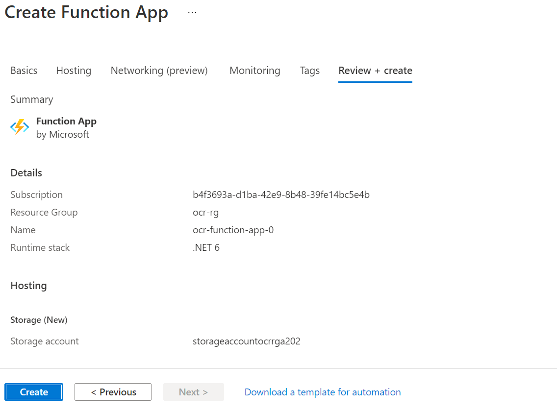 a screenshot of the final review screen when creating an Azure Function.