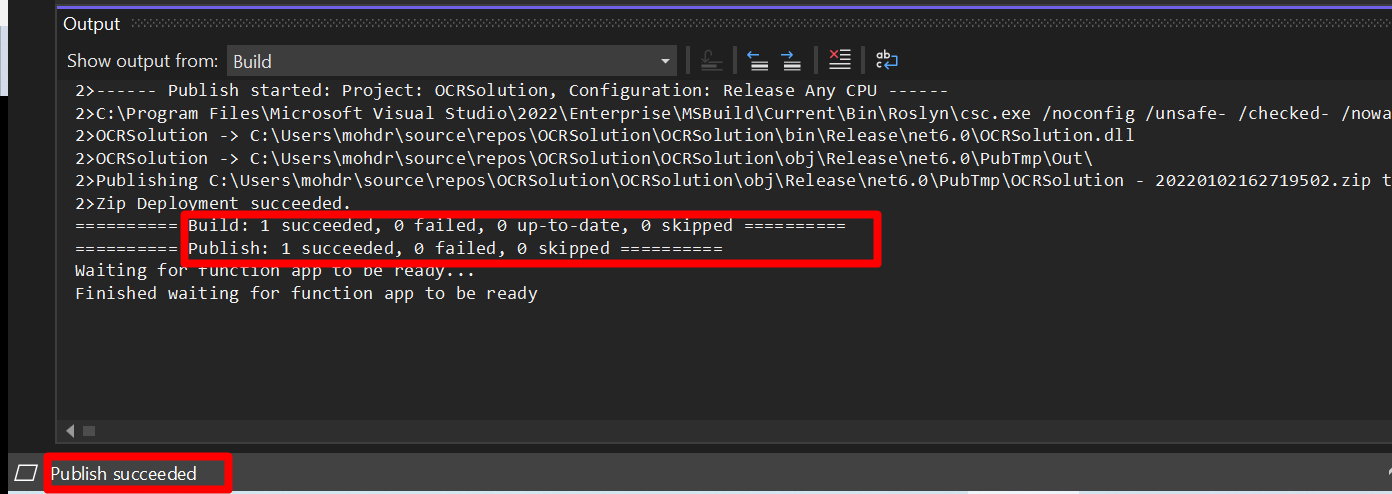 a screenshot of the console in video studio with a log indicating that the function was successfully published to Azure.