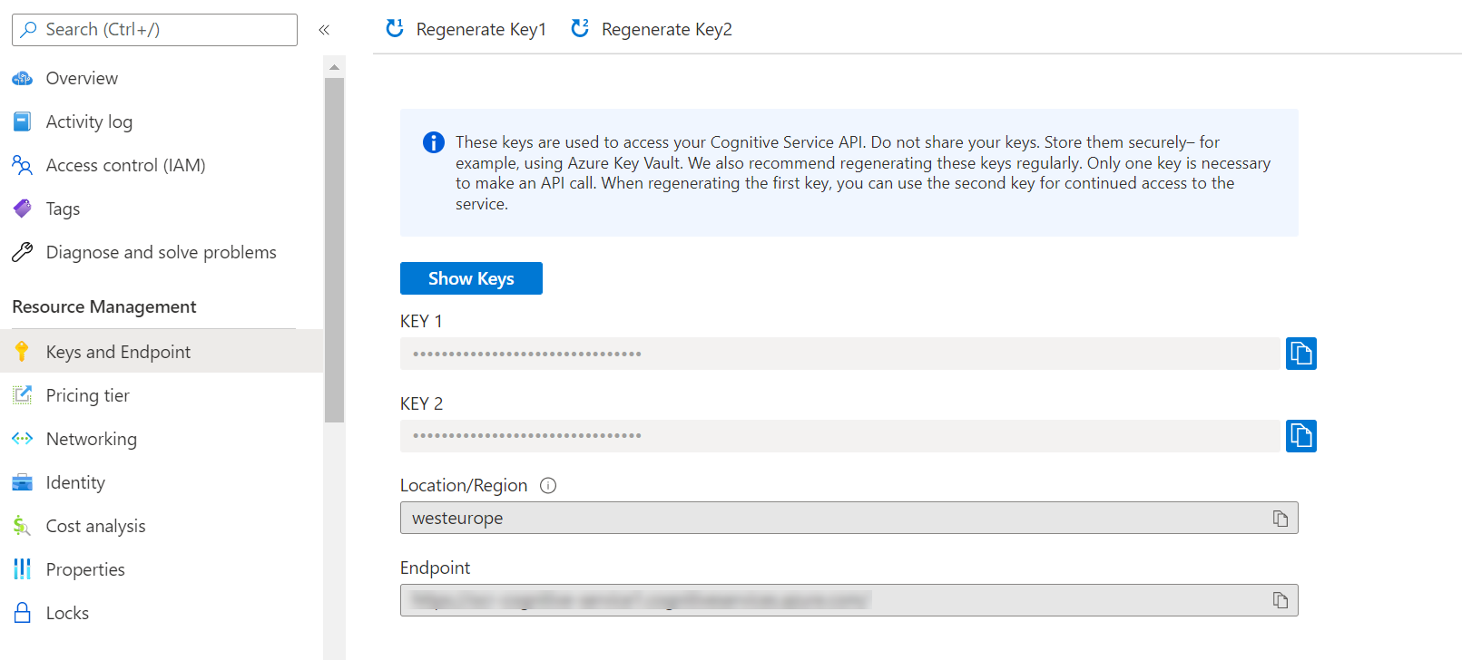 a screenshot of the Keys and Endpoints page you land on after creating an Azure resource.