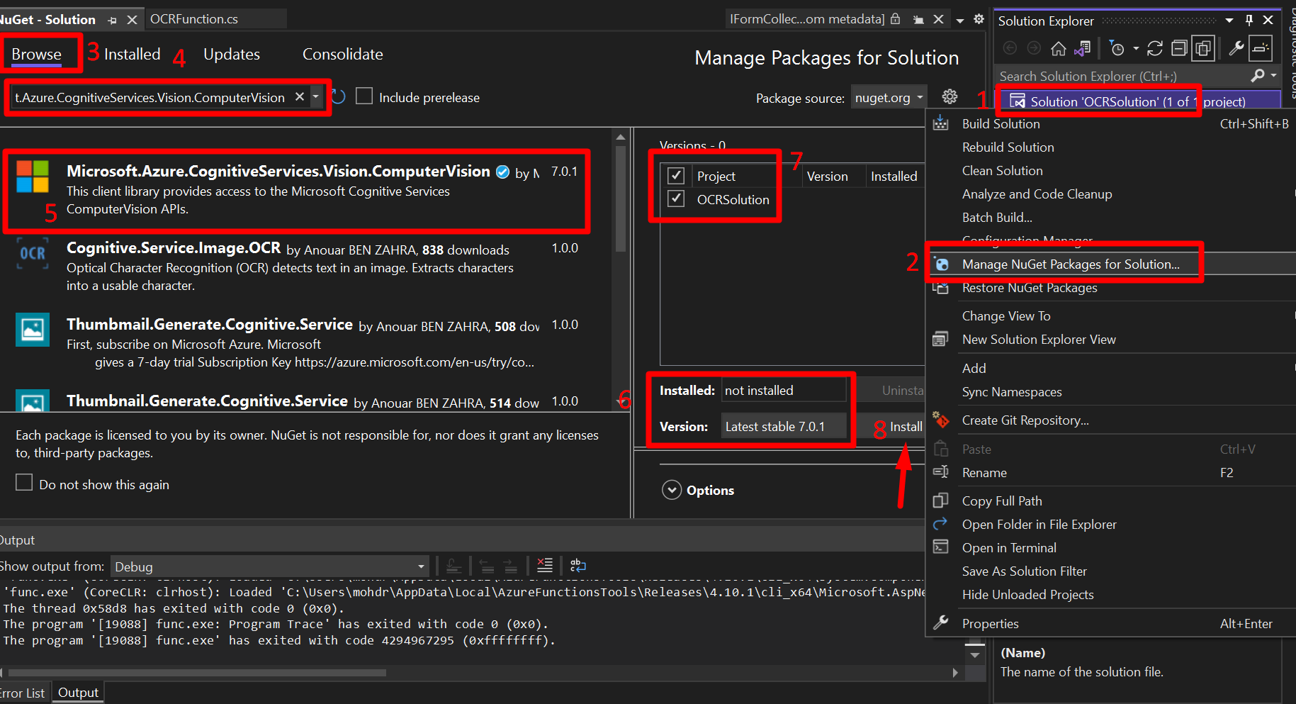 a screenshot of the Computer Vision NuGet package being added to the OCRSolution project in this article. Each step from the section above has a red rectangle around the corresponding part of the user interface in Visual Studio.