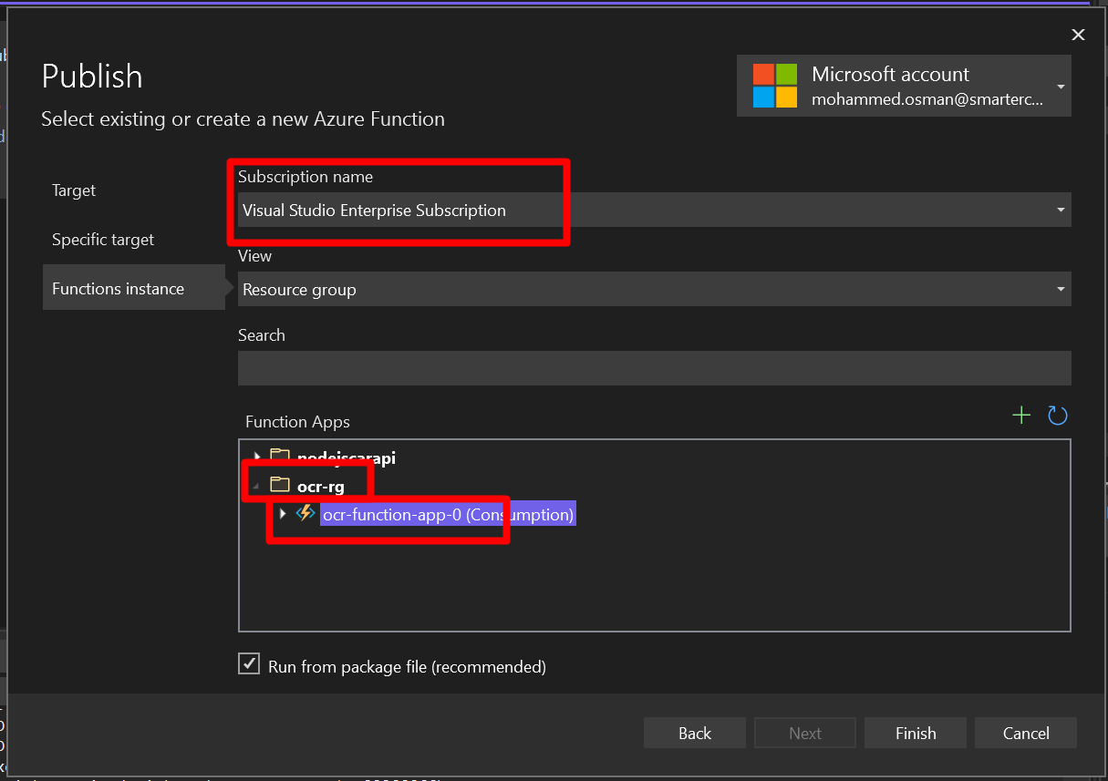 a screenshot of the Publish screen for the Azure Function being selected from Visual Studio. There’s are red rectangles around areas to emphasize that the Azure Function being selected is the one created in the preceding steps.