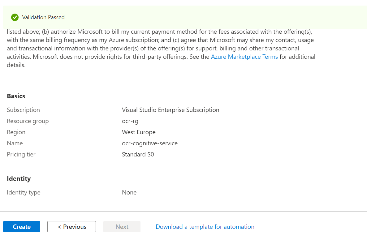 a screenshot of the final review screen when creating a resource in Microsft Azure.