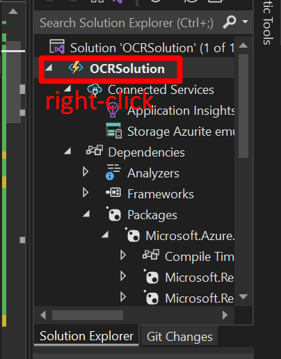 a screenshot of the OCRSolution project being selected in the Solution Explorer of Visual Studio.