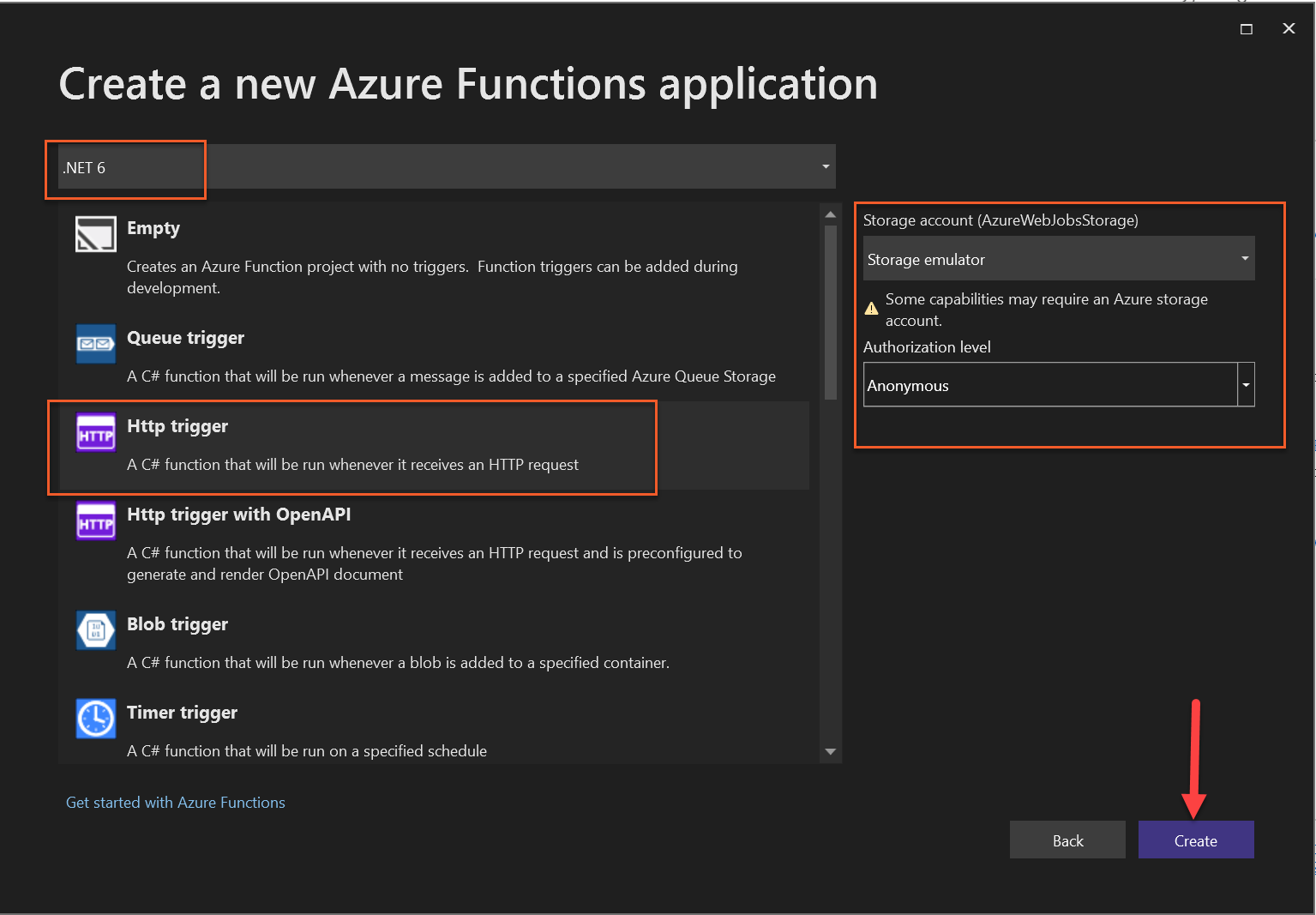 the setup screen for creating a new Azure Function inside Visual Studio with .NET 6 in the dropdown and “http trigger” selected from the list.