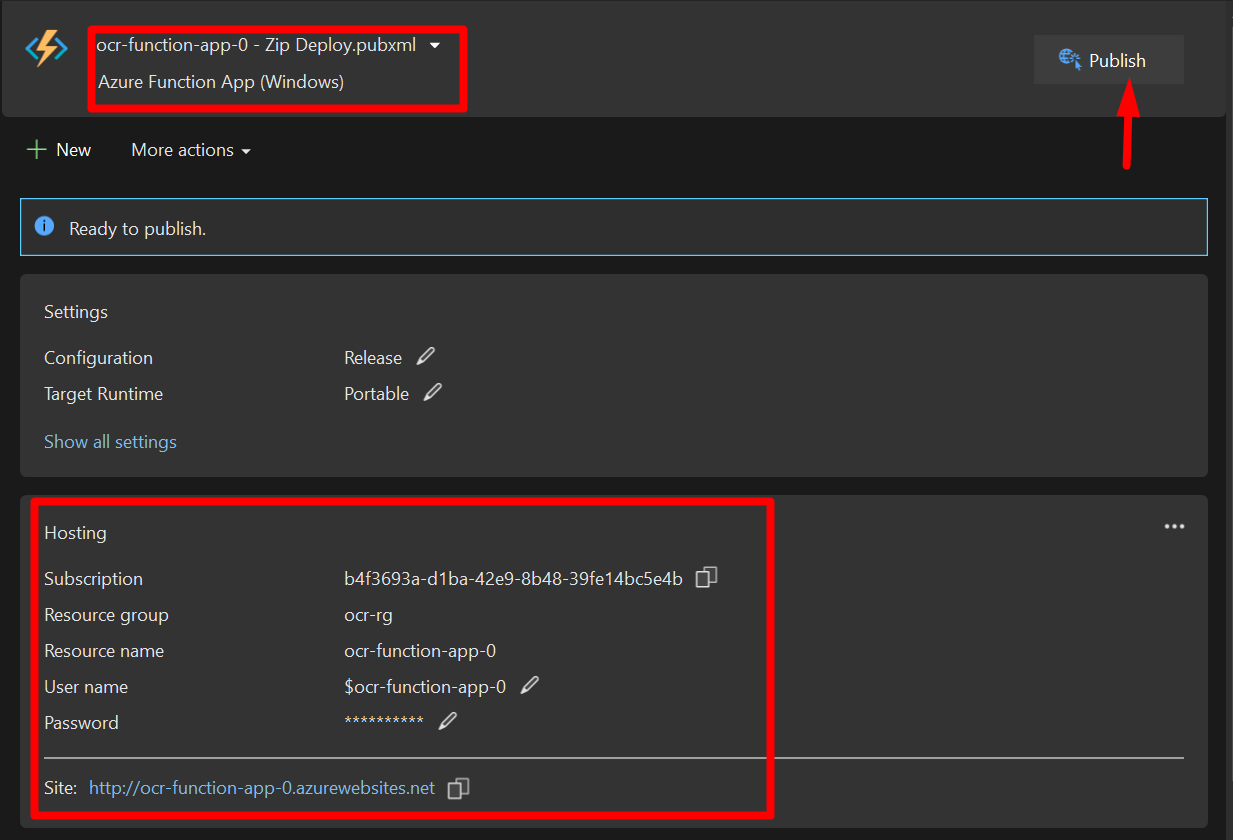 a screenshot of the final review screen for publishing a new Azure functions. Red rectangles emphasize the function’s meta information as well as the name and link for the function.