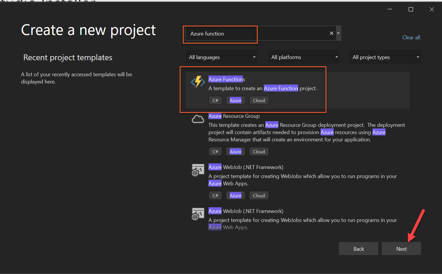 a screenshot of a new Azure Function being created in a Visual Studio IDE. The author is selected ‘Azure function’ from a dropdown before creating the project.