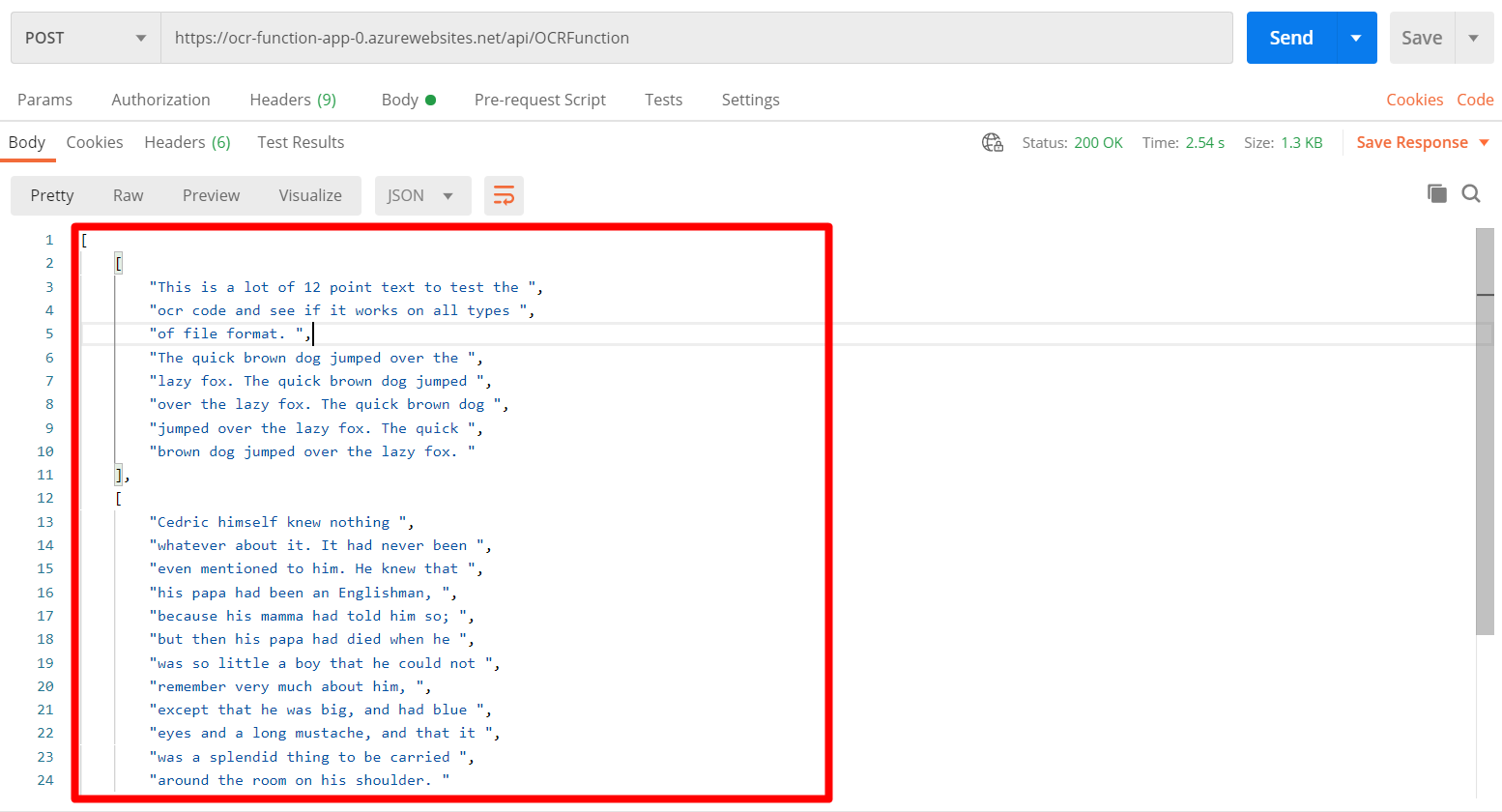 a screenshot of the response from the Azure Function we just deployed. The text has been pulled from an image using OCR.